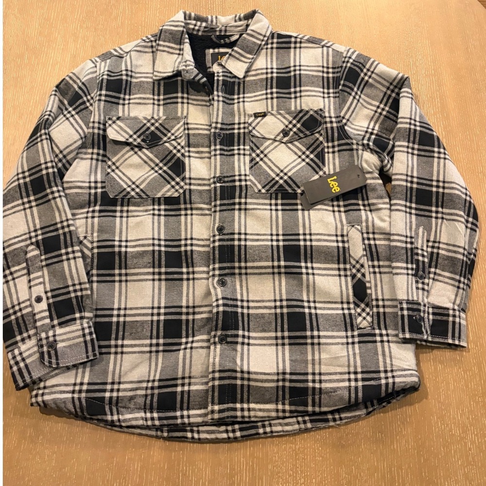 Lee‎ Sherpa Lined Shirt Jacket Mens 2XL Black Plaid Button Up Heavyweight NWT